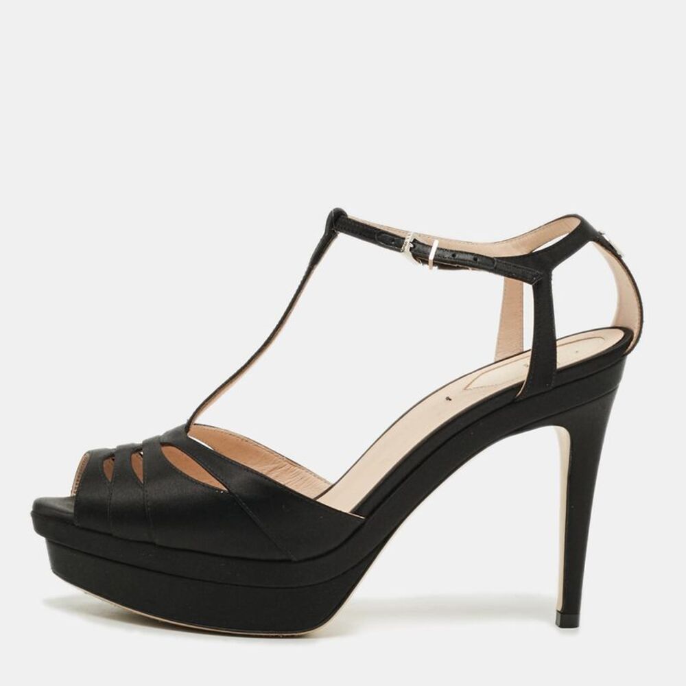 Fendi Size 39 Black Satin Strappy Peep Toe Platform T-Strap Sandals